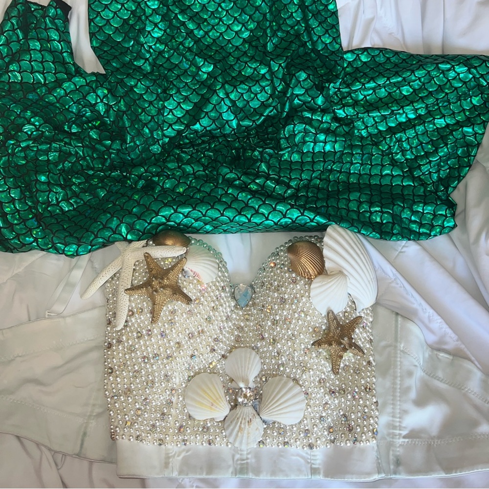 Mermaid costume custom pearl bustier and fishnet bolero.